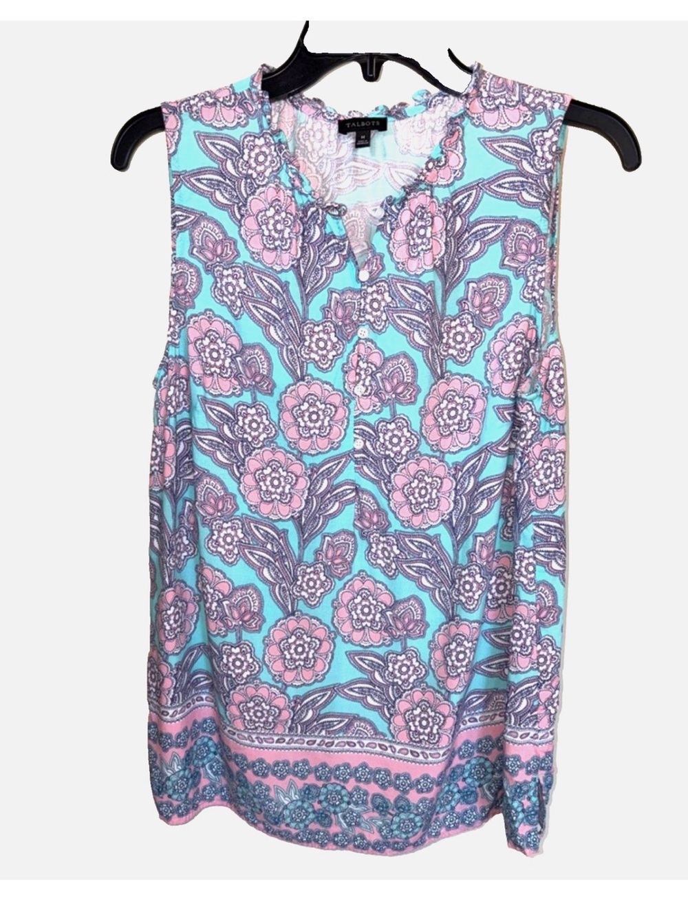 Talbots Medium Floral Tunic Top Teal Pink Sleeveless Split Neck Boho